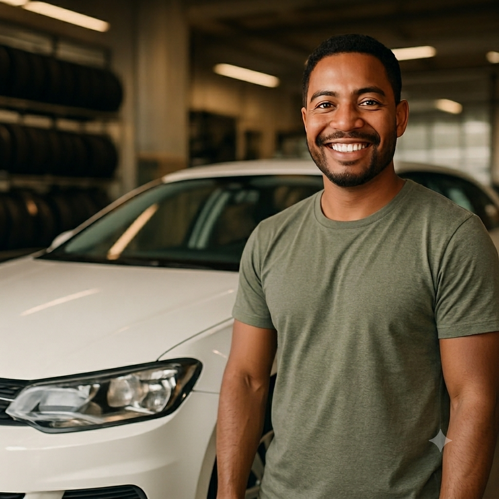 Cliente satisfeito ao lado do seu carro com pneus novos na MD Pneus